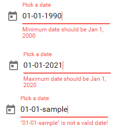 mat-datepicker with min max errors